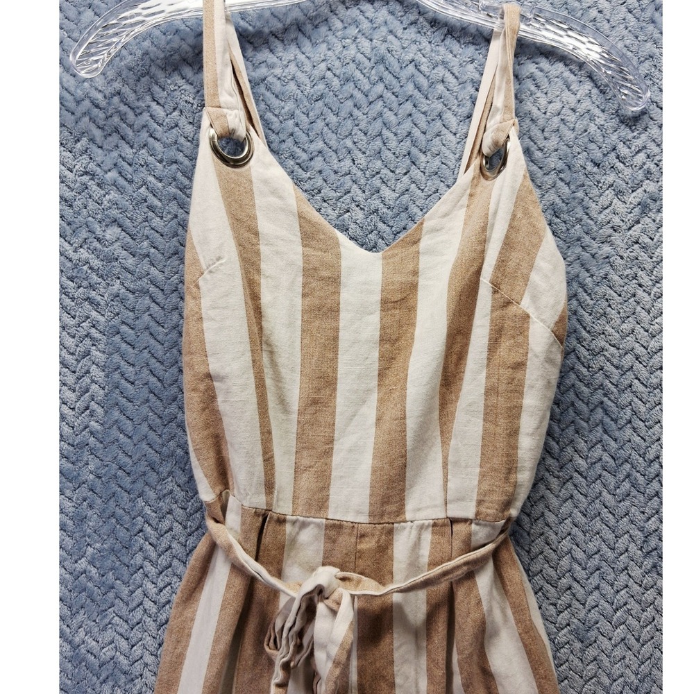Japna Striped Cotton Linen Jumpsuit Tan White Wide Leg Smocked Back Small all - Picture 2 of 10